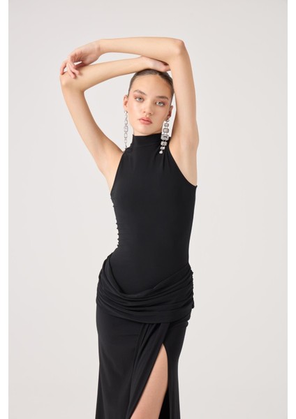 Balıkçı Yaka Yırtmaçlı Uzun Valentina Elbise Siyah fırsatları