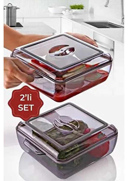 Akrilik 2li Yemek Saklama Kabı 2 Litre Gri Renk Sızdırmaz Tasarım ile Kullanım Kolaylığı