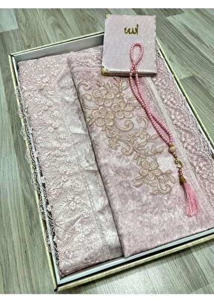 4 Parça Seccade Takımı Çeyizlik Bohça Kutulu Kadife Güpürlü Gelin Damat Seti