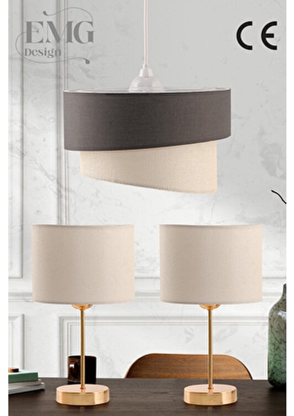 Kumaş Galaksi Modern Pasta Tekli ve 2 Li Gold Abajur Seti Galaxiset