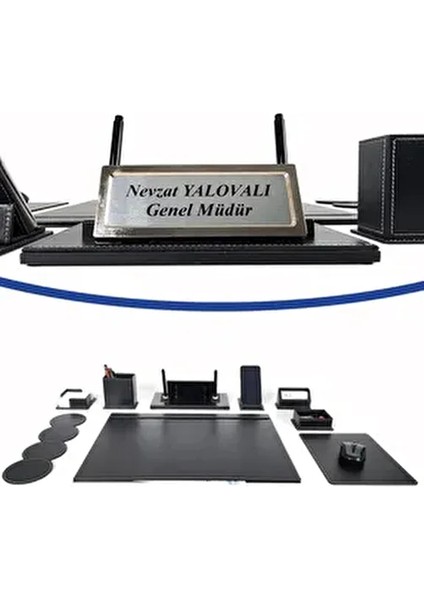 Isimlikli Çift Kalemli Siyah Deri Sümen Takımı PR409 Masa Isimliği Yeni Iş Ofis Hediyesi