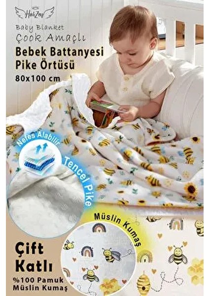 Bebek Battaniyesi Arı Desenli 80X100 Cm, Çift Taraflı Müslin Kumaş ve Ten-Cel Pike Kumaş