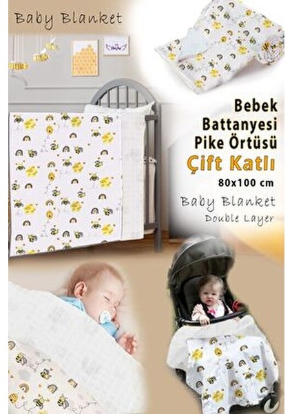 Bebek Battaniyesi Arı Desenli 80X100 Cm, Çift Taraflı Müslin Kumaş ve Ten-Cel Pike Kumaş modelleri