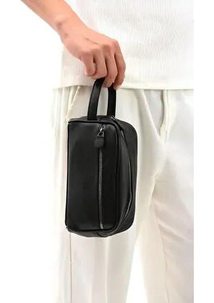 Siyah Hakiki Deri Erkek Tıraş Portföy Suya Dayanıklı Orta Boy Bakım Çantası