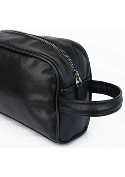 Siyah Hakiki Deri Erkek Tıraş Portföy Suya Dayanıklı Orta Boy Bakım Çantası
