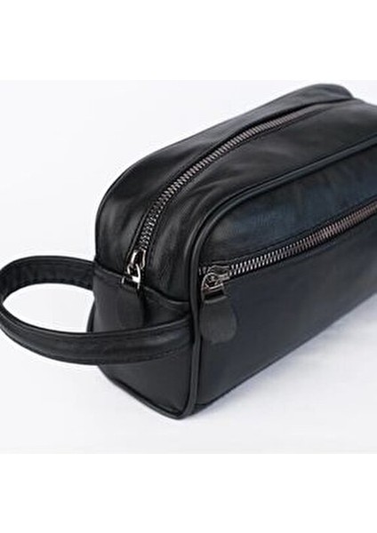 Siyah Hakiki Deri Erkek Tıraş Portföy Suya Dayanıklı Orta Boy Bakım Çantası