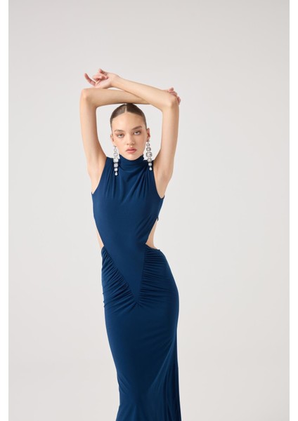 Balıkçı Yaka Bel Dekolteli Uzun Zuzana Elbise Mavi fırsatları