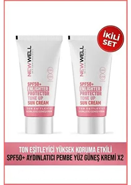 2 Adet Ton Eşitleyici yüksek Koruma Etkili SPF50+ Aydınlatıcı Pembe Yüz Güneş Kremi 50 ml