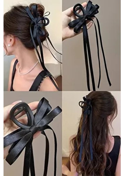 Kadın Siyah Saten Kuyruklu Fiyonk Mandal Toka