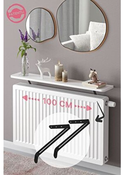 Montajsız Petek Üstü Uçan Raf Dresuar Kalorifer Peteği Rafı Kitaplık 100 x 18 cm Beyaz Oval Kesim