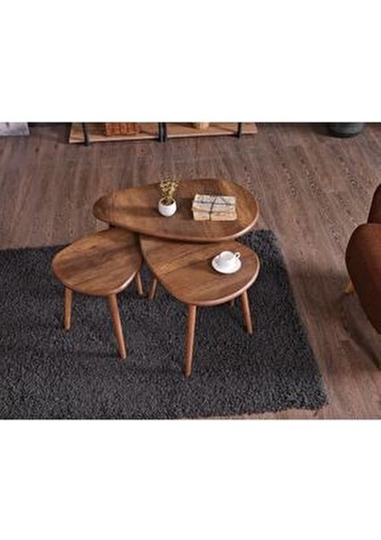 MDF Alvin Zigon Orta Sehpa Seti Ahşap Oval Tasarım Kahverengi 3'lü 80x60 cm modelleri