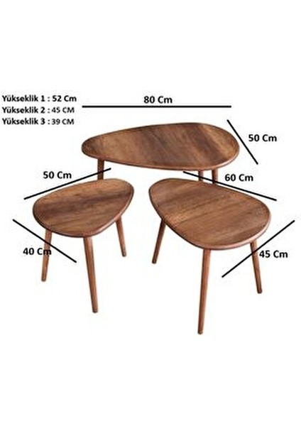 MDF Alvin Zigon Orta Sehpa Seti Ahşap Oval Tasarım Kahverengi 3'lü 80x60 cm fırsatları