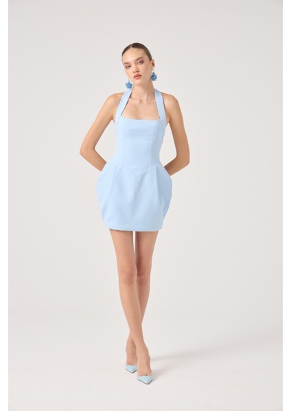 Boyundan Askılı Cepli Mini Yerry Elbise Mavi