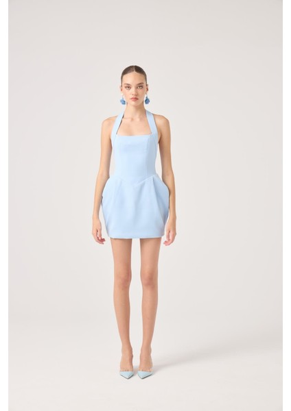 Boyundan Askılı Cepli Mini Yerry Elbise Mavi modelleri