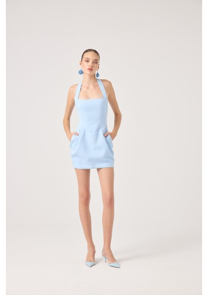 Boyundan Askılı Cepli Mini Yerry Elbise Mavi fırsatları