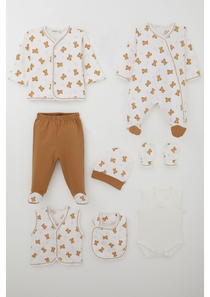 Kız Bebek Hastane Çıkışı 8 Li Sevimli Bebek Ayıcık Desenli Fiyonklu 0-3 Ay, Ekru