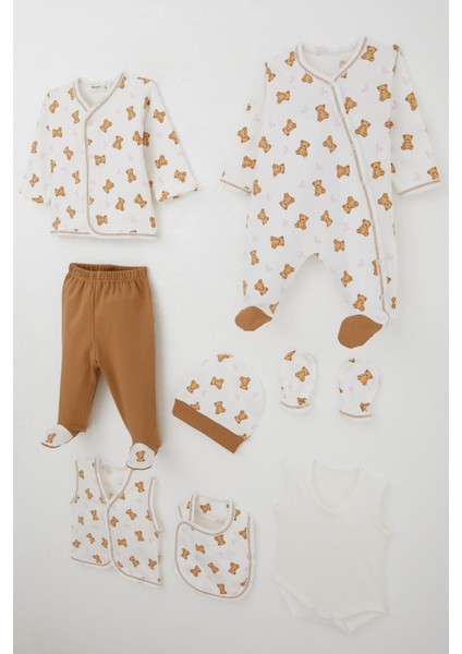 Kız Bebek Hastane Çıkışı 8 Li Sevimli Bebek Ayıcık Desenli Fiyonklu 0-3 Ay, Ekru fiyatları