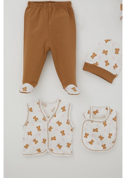 Kız Bebek Hastane Çıkışı 8 Li Sevimli Bebek Ayıcık Desenli Fiyonklu 0-3 Ay, Ekru fırsatları