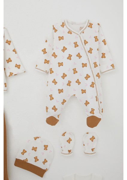 Kız Bebek Hastane Çıkışı 8 Li Sevimli Bebek Ayıcık Desenli Fiyonklu 0-3 Ay, Ekru indirimleri