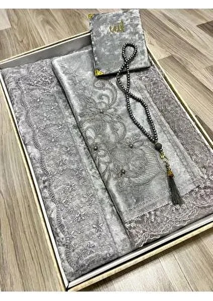 4 Parça Seccade Takımı Çeyizlik Bohça Kutulu Kadife Güpürlü Gelin Damat Seti