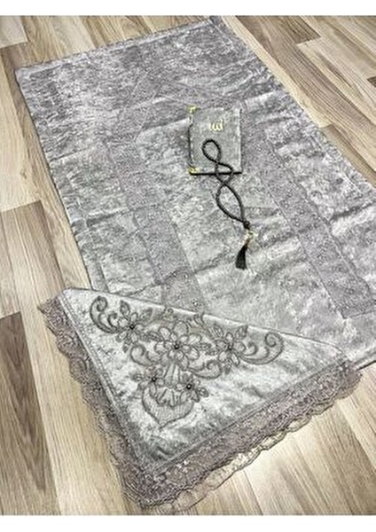 4 Parça Seccade Takımı Çeyizlik Bohça Kutulu Kadife Güpürlü Gelin Damat Seti