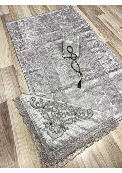 4 Parça Seccade Takımı Çeyizlik Bohça Kutulu Kadife Güpürlü Gelin Damat Seti