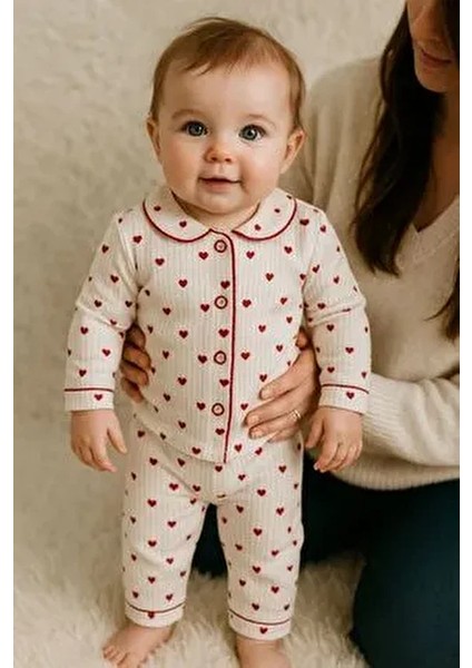 Kalp Figürlü Organik Yenidoğan Fitilli Kumaş Kız Erkek Bebek 2’li Hastane Çıkışı Pamuk Takım