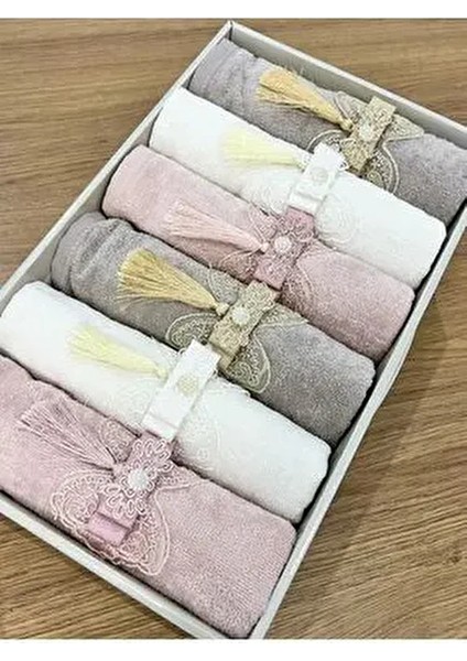 6'lı Fiyonklu Püsküllü Kutulu Çeyizlik 50X90 Kadife El ve Yüz Havlusu