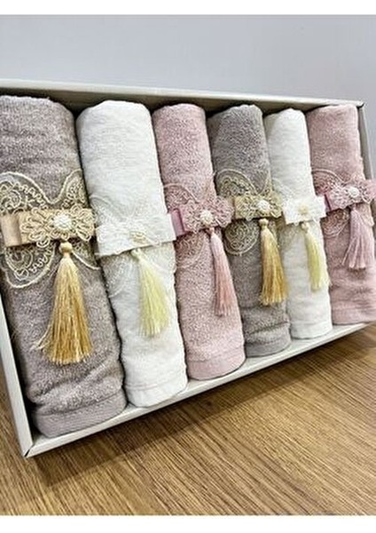 6'lı Fiyonklu Püsküllü Kutulu Çeyizlik 50X90 Kadife El ve Yüz Havlusu fiyatları