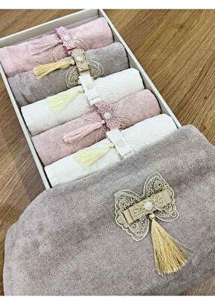 6'lı Fiyonklu Püsküllü Kutulu Çeyizlik 50X90 Kadife El ve Yüz Havlusu fırsatları