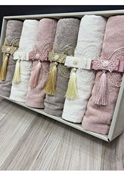 6'lı Fiyonklu Püsküllü Kutulu Çeyizlik 50X90 Kadife El ve Yüz Havlusu indirimleri