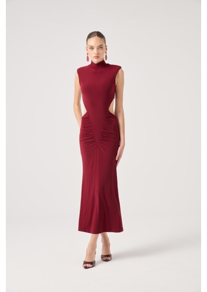 Balıkçı Yaka Bel Dekolteli Uzun Zuzana Elbise Bordo