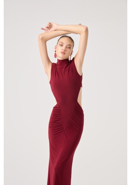 Balıkçı Yaka Bel Dekolteli Uzun Zuzana Elbise Bordo fiyatları