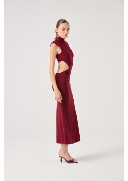Balıkçı Yaka Bel Dekolteli Uzun Zuzana Elbise Bordo modelleri
