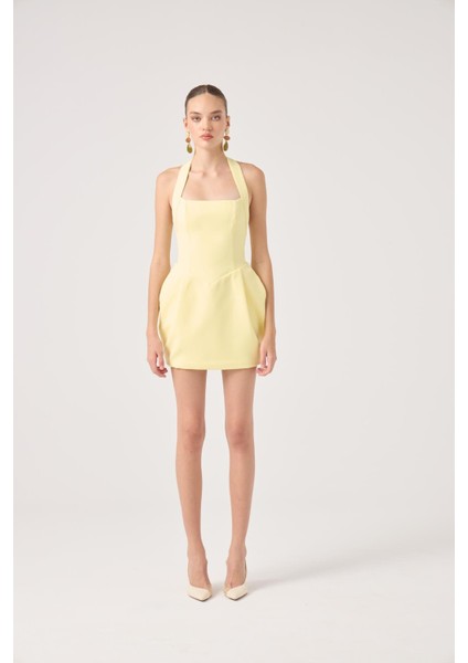 Boyundan Askılı Cepli Mini Yerry Elbise Sarı