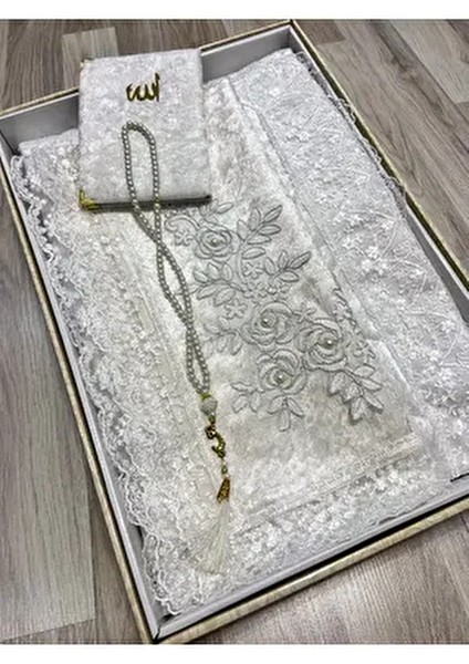 4 Parça Seccade Takımı Çeyizlik Bohça Kutulu Kadife Güpürlü Gelin Damat Seti