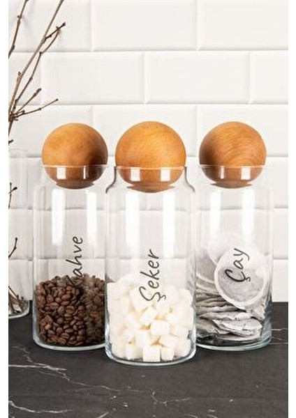 3'lü Ahşap Top Kapaklı Şeffaf Etiketli Çay Şeker Kahve Saklama Kavanozu Cam Saklama Kabı 1300 ml