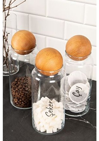 3'lü Ahşap Top Kapaklı Şeffaf Etiketli Çay Şeker Kahve Saklama Kavanozu Cam Saklama Kabı 1300 ml modelleri