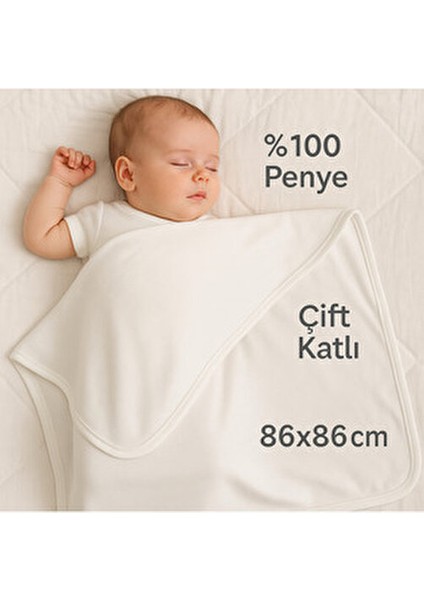 Ekru Unisex Bebek Battaniyesi – Babush, Çift Katlı %100 Pamuk, 86×86 cm