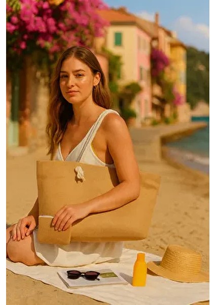 Kahverengi Hasır Yuvarlak Ip Askılı Plaj Çantası Jüt Kumaş ( Fermuarlı) Yeni Sezon
