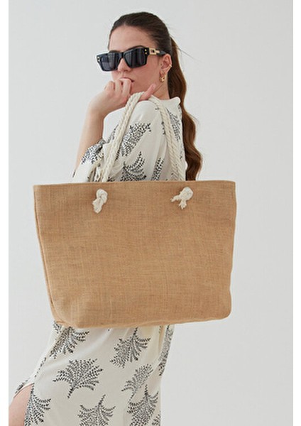 Kahverengi Hasır Yuvarlak Ip Askılı Plaj Çantası Jüt Kumaş ( Fermuarlı) Yeni Sezon fiyatları