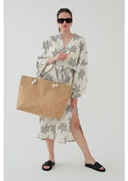 Kahverengi Hasır Yuvarlak Ip Askılı Plaj Çantası Jüt Kumaş ( Fermuarlı) Yeni Sezon modelleri