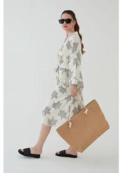 Kahverengi Hasır Yuvarlak Ip Askılı Plaj Çantası Jüt Kumaş ( Fermuarlı) Yeni Sezon fırsatları