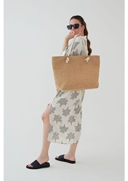 Kahverengi Hasır Yuvarlak Ip Askılı Plaj Çantası Jüt Kumaş ( Fermuarlı) Yeni Sezon indirimleri