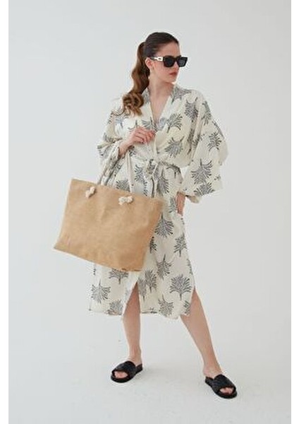 Kahverengi Hasır Yuvarlak Ip Askılı Plaj Çantası Jüt Kumaş ( Fermuarlı) Yeni Sezon