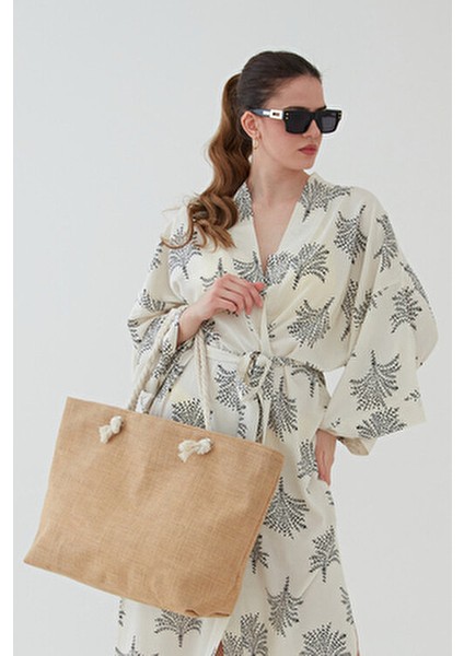 Kahverengi Hasır Yuvarlak Ip Askılı Plaj Çantası Jüt Kumaş ( Fermuarlı) Yeni Sezon