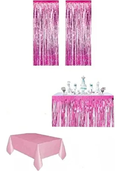 Pembe Renk Metalize Perde Metalize Masa Eteği Plastik Masa Örtüsü