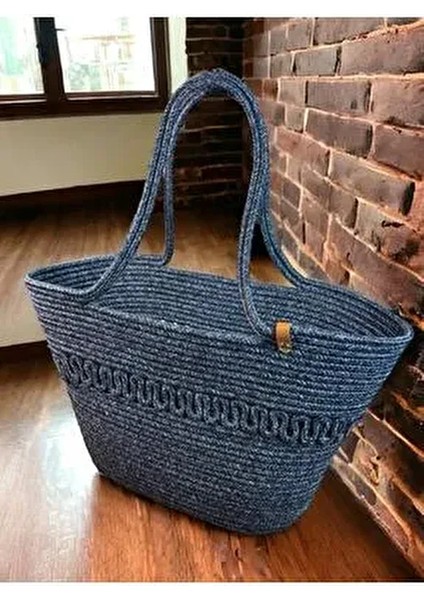 Hasır Jüt Kadın Omuz Çantası %100 El Yapımı Vegan Pamuk Materyal Plaj Tekstili