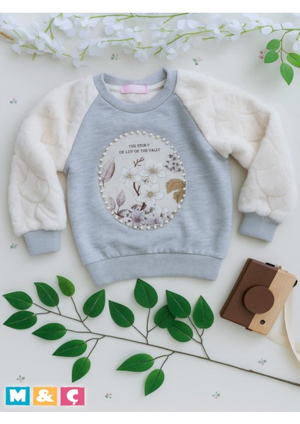 M.ç Family Store Peluş Kollu Iki Iplik Şardonlu Taşlı Kız Çocuk Sweatshırt 5 - 6- 7-8- 9 -10 -11-12