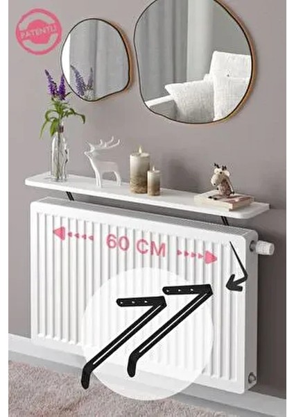 Montajsız Derin Petek Üstü Uçan Raf Dresuar Kalorifer Peteği Rafı Kitaplık 60 x 18 cm Beyaz Oval